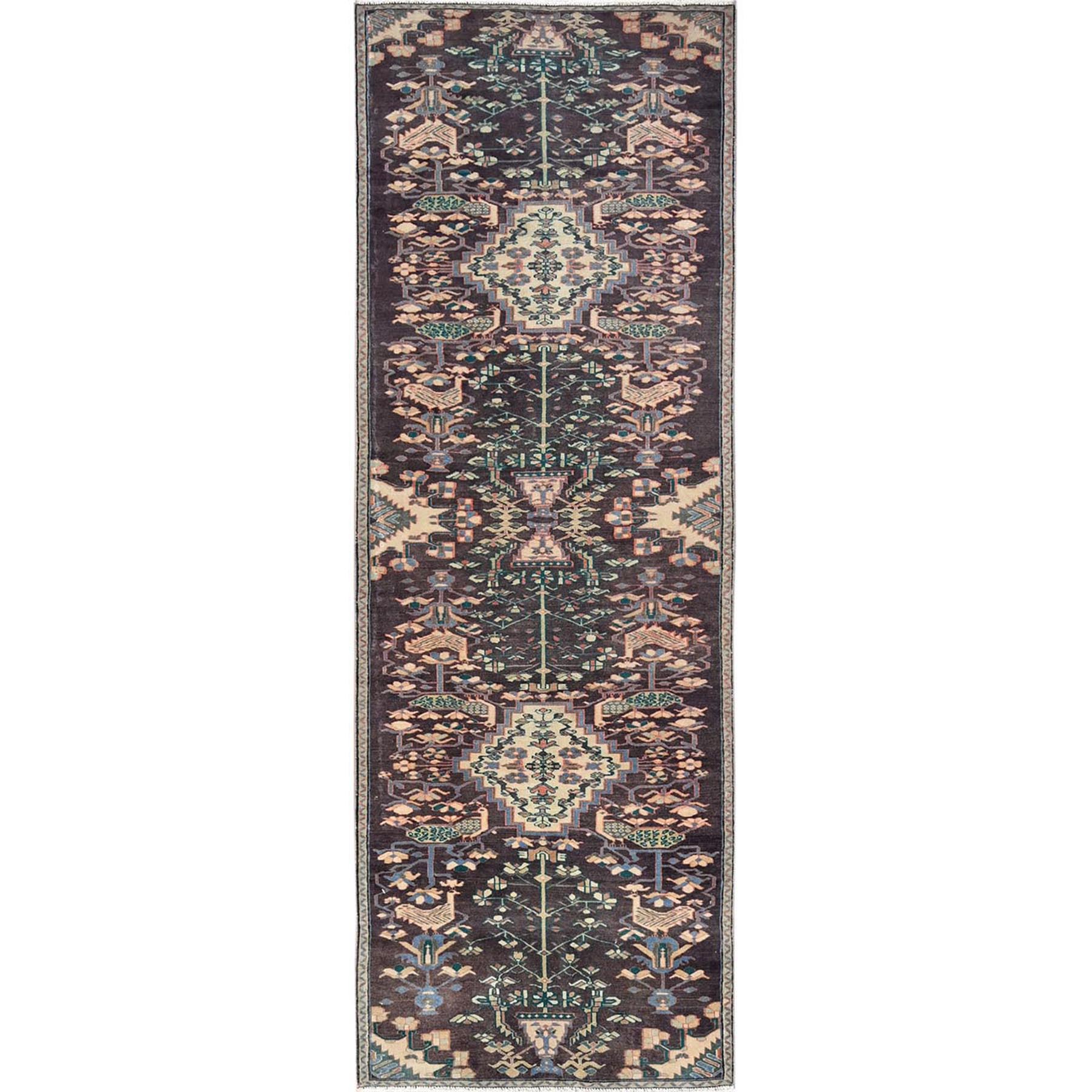 3'1"x9'4" Carob Brown, Vintage Persian Hamadan with Bird Figurines, Worn Down and Distressed, 100% Wool, Hand Knotted, Zero Pile, Sides and Ends Professionally Secured, Wide Runner, Oriental Rug 